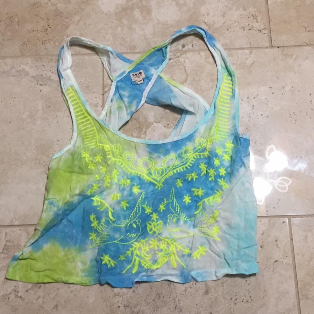 blue and green sleeveless cropped top